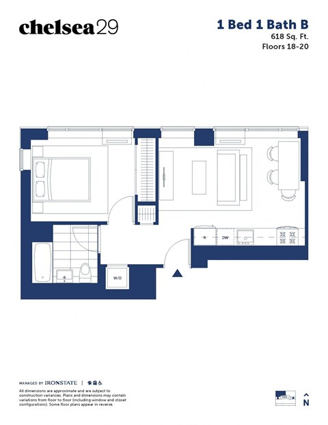 Floor plan for 1 bed, 1 bath, 618 sqft